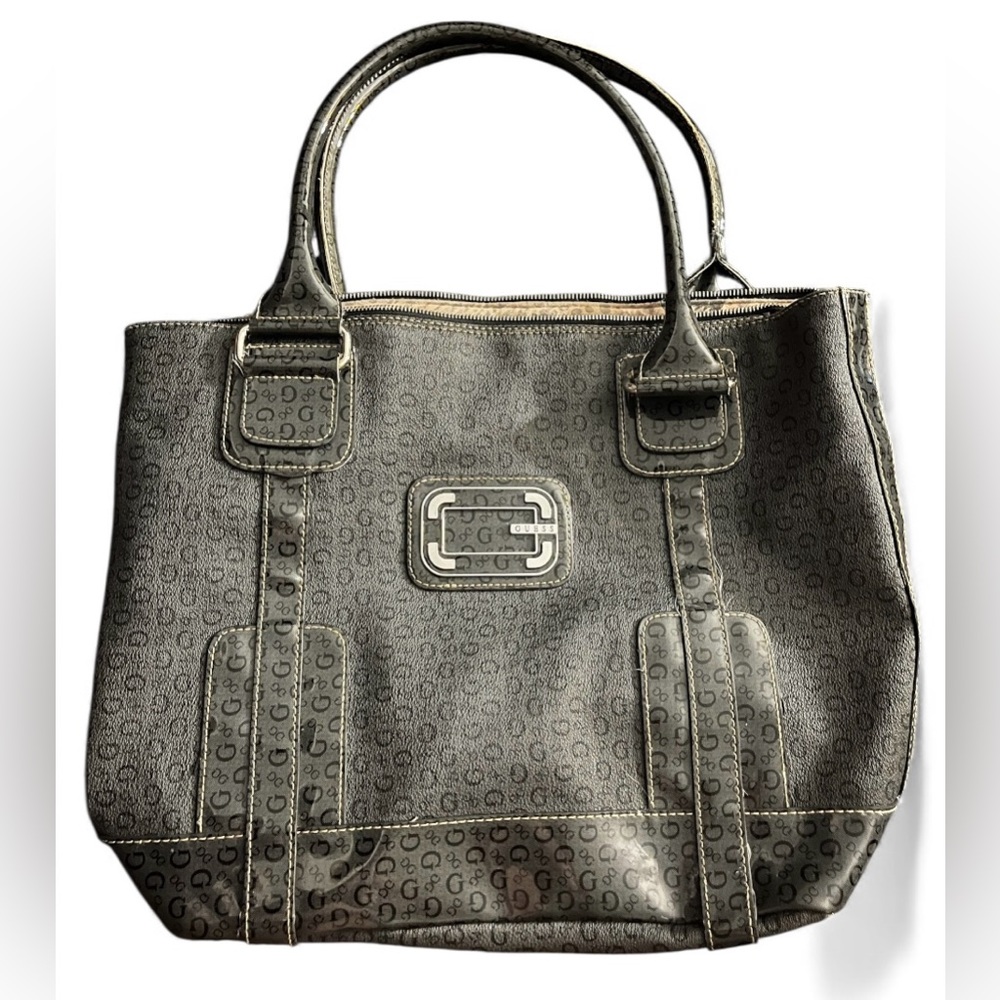GUESS Gray Monogram Tote Bag Large Shoulder Bag Logo Print Shopper Handbag
